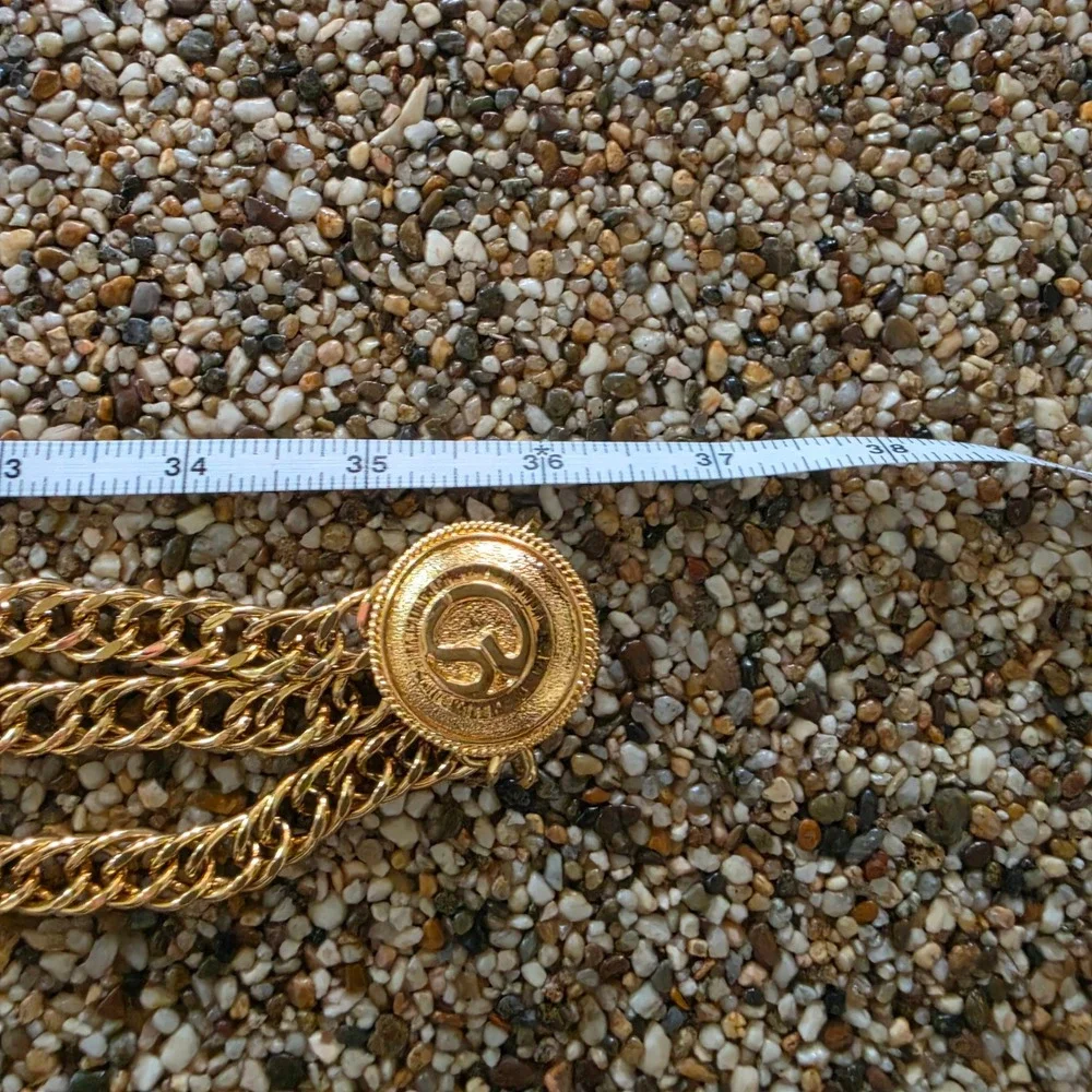 Vintage St John Gold Tone Medallion Multi Strand Curb Chain Belt SJ Logo